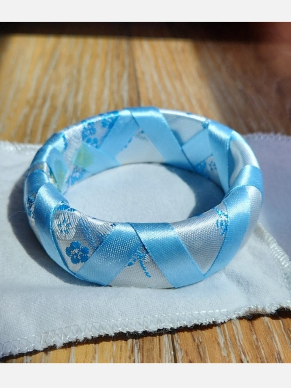 Blue White Floral Flowers Ribbon Bangle Bracelet